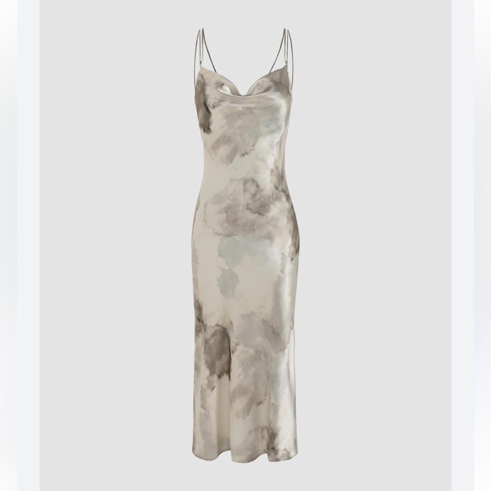 Cider Satin Watercolor Cowl Neck Midi Dress